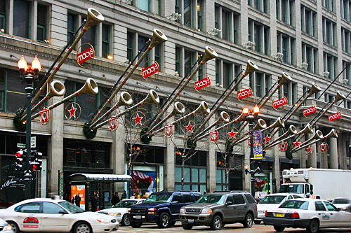 Christmas decor over the State Street entrance of Macy’s