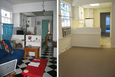 Left: before renovations, this apartment has ancient checked linoleum, old appliances, missing doors, and funky paint; Right: after renovations