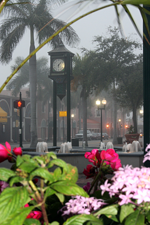 Fog shrouds the clock tower at Five Points Park in Downtown Sarasota