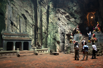 At the top of Marble Mountain, an ancient Buddhist temple is located inside a cave