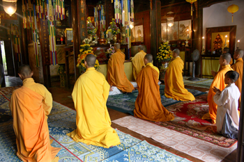 Monks chant at the temple of Thich Nhat Hanh