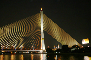 The Rama VIII Bridge over the Chao Phrya River in Bangkok, all lit up at night