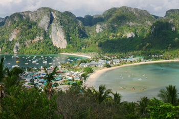 View from the mountaintop shows the narrow isthmus separating Ton Sai Bay (left) from Loh Dalam Bay (right)