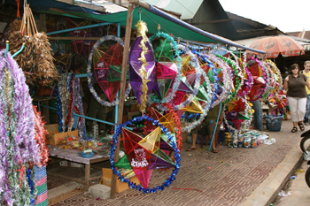 New Year decorations at the central market in Siem Reap
