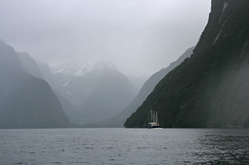 Cruising Milford Sound in the rain New Zealand