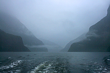 Cruising Milford Sound in the rain New Zealand