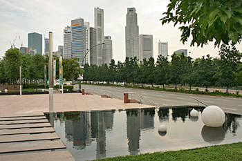 Downtown Singapore is reflected in one of the pools at Esplanade Theatres On The Bay