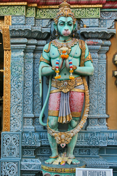Hanuman, one of the Hindu Gods, decorates the exterior of the Sri Krishnan Hindu Temple in Singapore