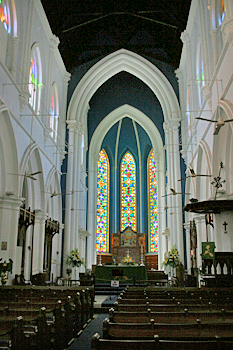 St. Andrews Cathedral in Singapore is known for its multi-color stained glass windows