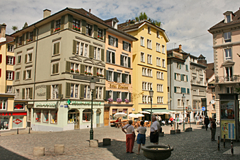 Streets of Zurich Switzerland are lined with multicolored pastel buildings