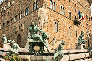 David reproduction in front of Palazzo Vecchio at Piazza de la Signoria in Florence Italy