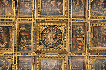 Ornate ceiling inside Palazzo Vecchio in Florence Italy