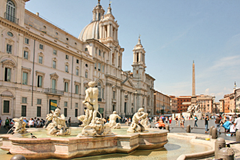 Piazza Navona, with Bernini's dramatic Four Rivers Fountain in Rome Italy