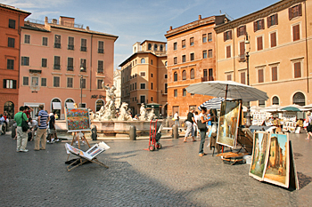 Artists display works at Piazza Navona in Rome Italy