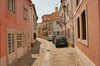 Houses and cobblestone streets of Cascais Portugal