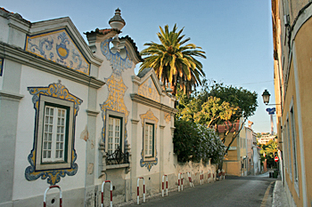 Azulejo tiles on houses in Cascais Portugal