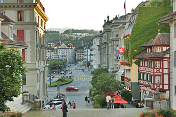 Descending into the old city of Lucerne Switzerland from the hillside