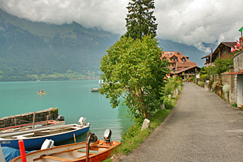 Luscious turquoise lake shore at Iseltwald Switzerland