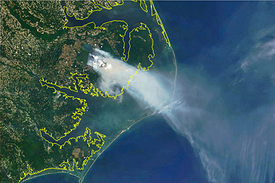 Outer Banks wildfire smoke satellite image