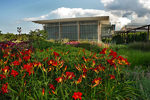 View of new Modern Wing of the Chicago Art Institute, opened in May of 2009, from Lurie Gardens in Millennium Park.