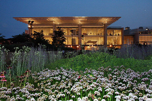 The new Modern Wing of the Art Institute of Chicago at night, viewed from Lurie Gardens in Millennium Park