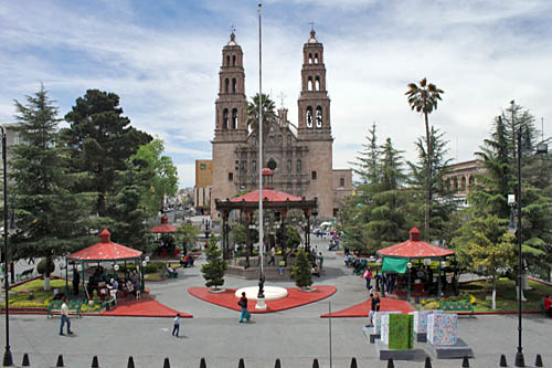 Cathedral and Plaza de Armas from the second floor of the Palacio del Gobierno