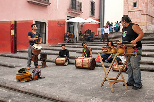 Drumming troupe stages an impromptu cultural performance on the streets of Zacatecas