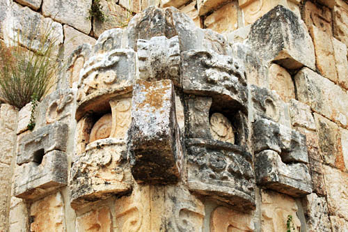 Stone mask of Chac at Uxmal Mayan ruins in Mexico
