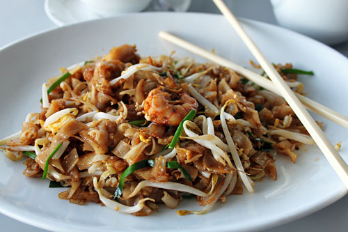 Penang Char Koay Teow, flat rice noodles with prawns, chives, and bean sprouts