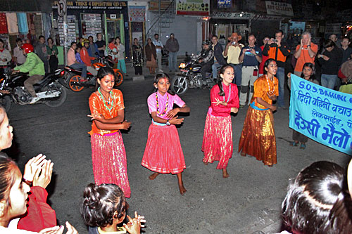 Bhailo Song and Dance in the Streets of Pokhara, Nepal During Tihar Festival