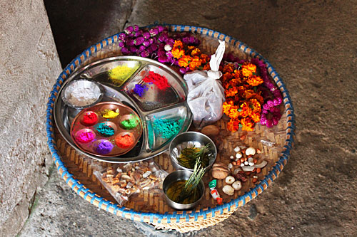Bhai Tika tray, loaded with goodies, just prior to the beginning of the Bhai Tika ceremony