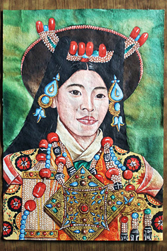 Portrait of Tibetan Utsang woman, watercolor on handmade paper, 20" high x 14" wide, 4000 Rupees (NRS)