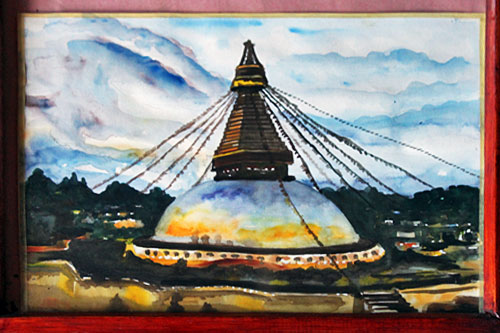 Boudhanath Stupa in Kathmandu, watercolor, 11" high x 15.5" wide, 1500 Nepali Rupees (NRS)
