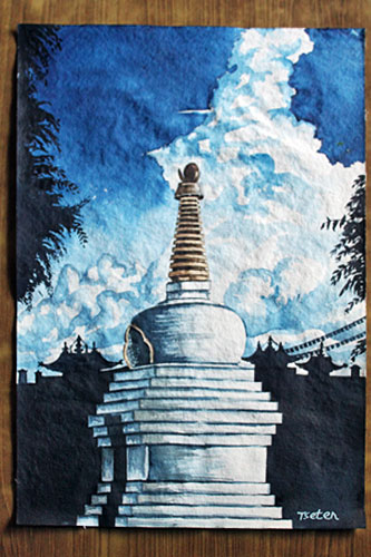 Evening scene, Stupa with Monastery, watercolor, 20" high x 14" wide, 3500 Nepali Rupees (NRS)