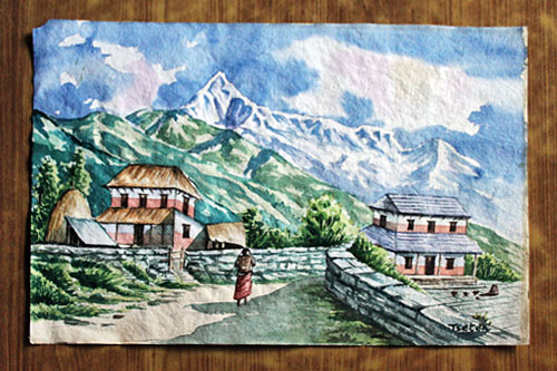 Gandruk Trekking Region with Fishtail Peak in background, watercolor, 14" high x 20" wide, 3500 Nepali Rupees (NRS)