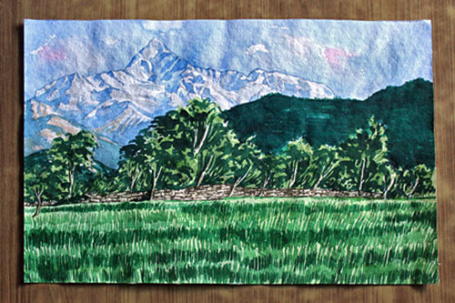 Fishtail Peak over Rice Field, watercolor, 14"high x 20" wide, 3000 Nepali Rupees (NRS)