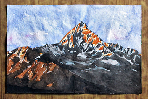 Fishtail Peak at Sunset, watercolor, 14" high x 20" wide, 3000 Nepali Rupees (NRS)