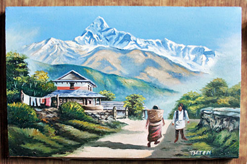 Dhauligiri Trekking side of Fishtail Peak with couple in traditional Gurung dress, oil on canvas, 18" high x 25.5" wide, 6000 Nepail Rupees (NRS)