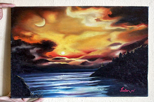 Sunset over Water, oil on canvas, 13.5" high x 18" wide, 3000 Nepali Rupees (NRS)