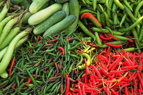 Piles of glistening vegetables, like these multi-colored hot peppers