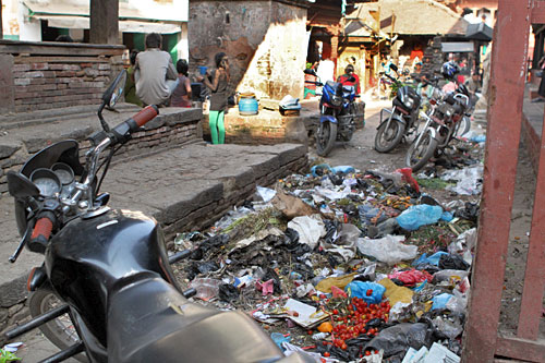 Pile of trash in the back streets around Durbar Square, Kathmandu, Nepal