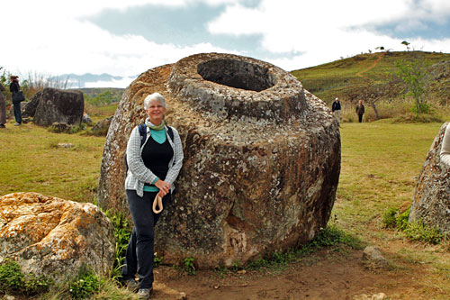 Largest jar found to date on the Plain of Jars in Phonsavan, Laos, is 8.2 feet in diameter and 8.4 feet high