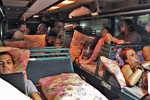 Triple tier of beds inside the overnight Sleeping Bus that travels between Vientiane and Pakse, Laos