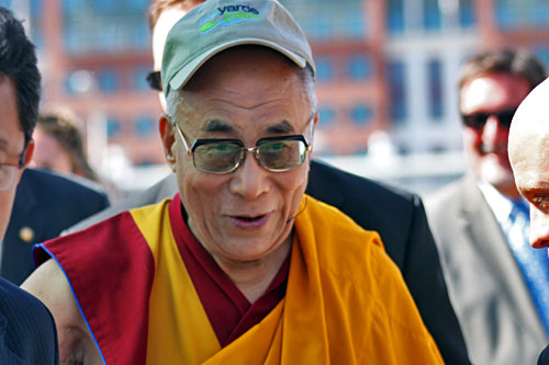 Dalai Lama arrives at Yard Park in Washington DC to pour blessed sands from dissoved Kalachakra mandala into Anacostia River
