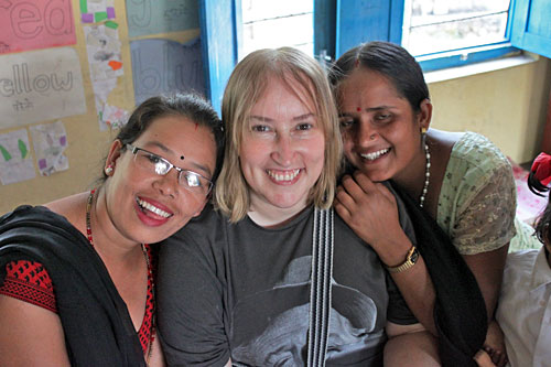 Valerie Jamieson with a teacher and teacher assistant at Annapurna Primary School in Pokhara, Nepal