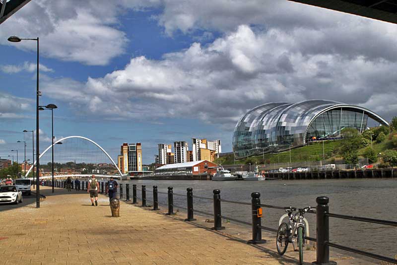Gateshead Millennium Bridge and Bass Music Center in Newcastle, England