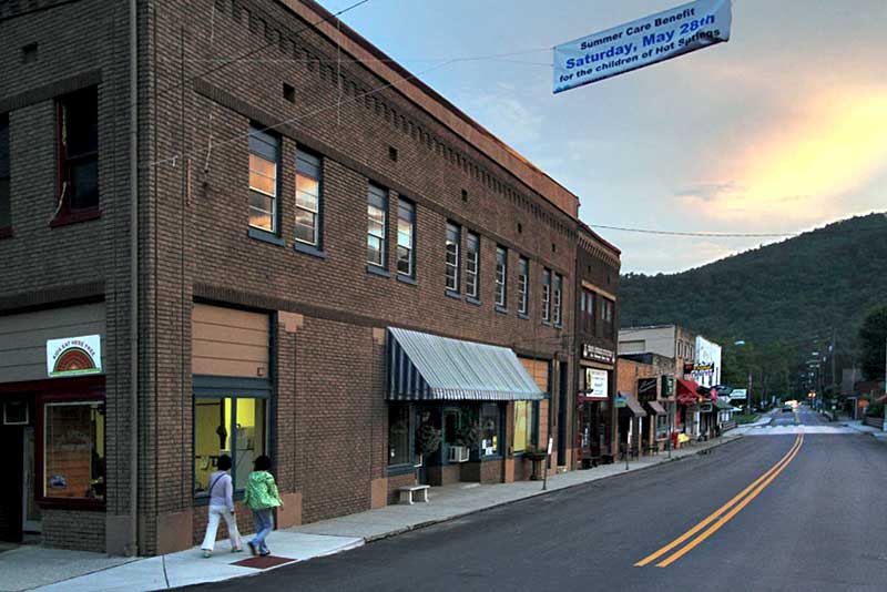 Sun Sets Over Historic Buildings in Hot Springs, North Carolina