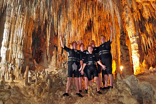 Our little group of travel bloggers, deep underground at Rio Secreto underground river