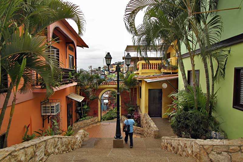 Walking Up Santa Ana Hill in Guayaquil, Ecuador, Past Vividly Painted Cafes and Shops