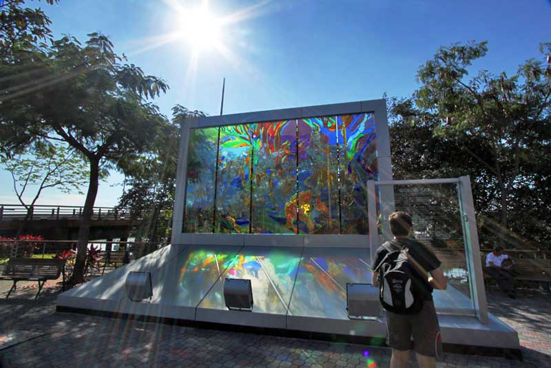 Rainbow Sunbeams Through Sculpture at Malecon Salado in Guayaquil, Ecuador